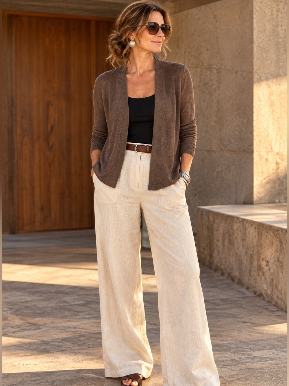 Eileen Fisher Brown XS 100% Linen Open Front Cardigan Quiet Luxury Minimalist